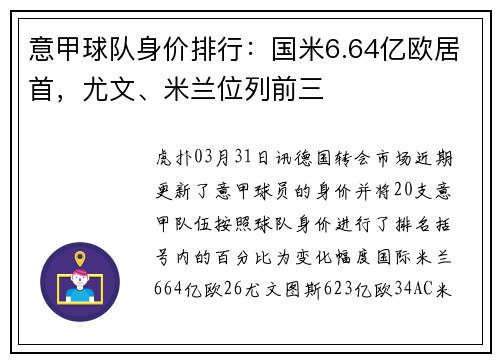 意甲球队身价排行:国米6.64亿欧居首,尤文、米兰位列前三