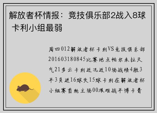 解放者杯情报:竞技俱乐部2战入8球 卡利小组最弱