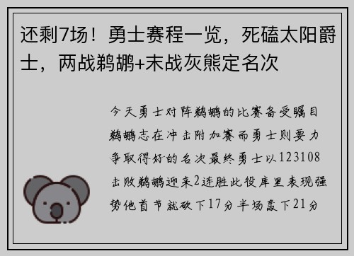 还剩7场！勇士赛程一览，死磕太阳爵士，两战鹈鹕+末战灰熊定名次