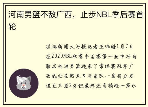 河南男篮不敌广西,止步NBL季后赛首轮